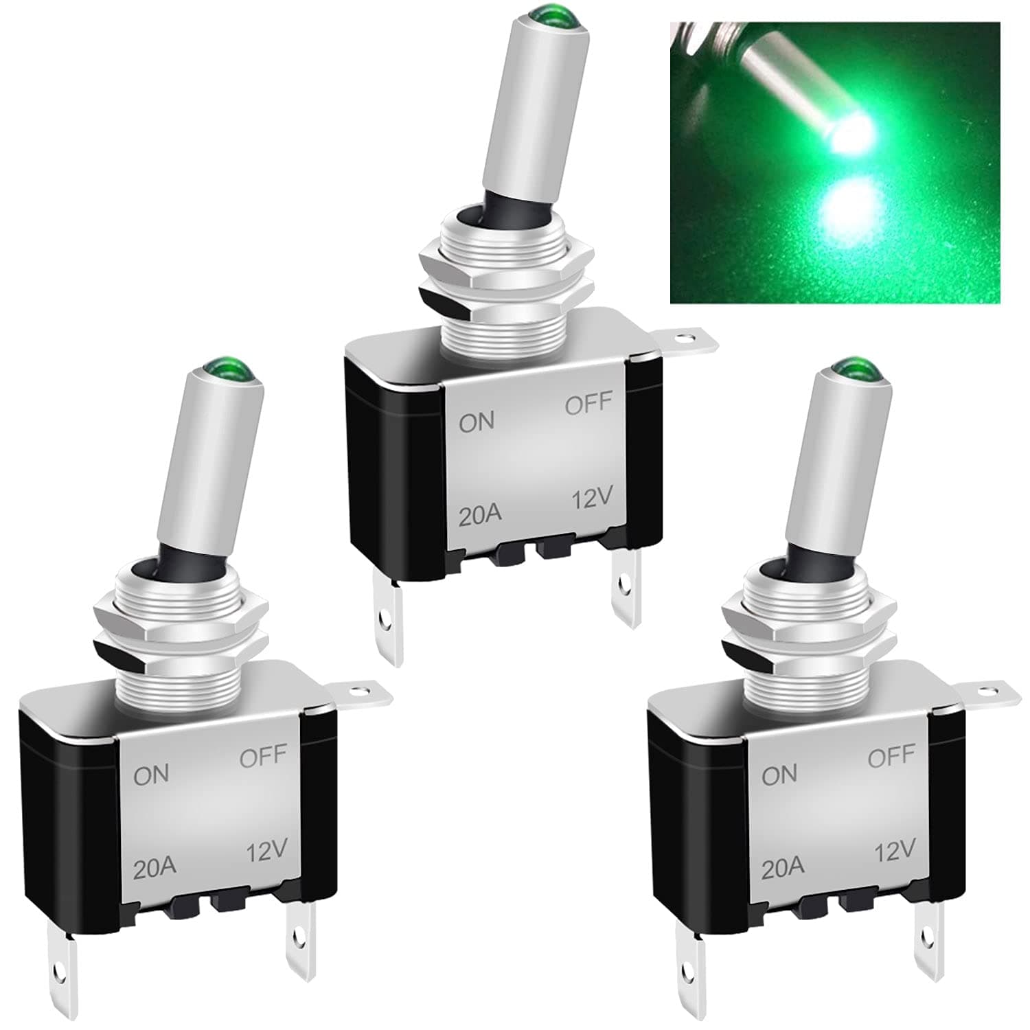 Twidec/3Pcs Rocker Lighted Toggle Switch 12V 20A Heavy Duty Racing Car Automotive Auto SPST ON/Off Toggle Switch Green LED Illuminated 3Pin ASW-07DG