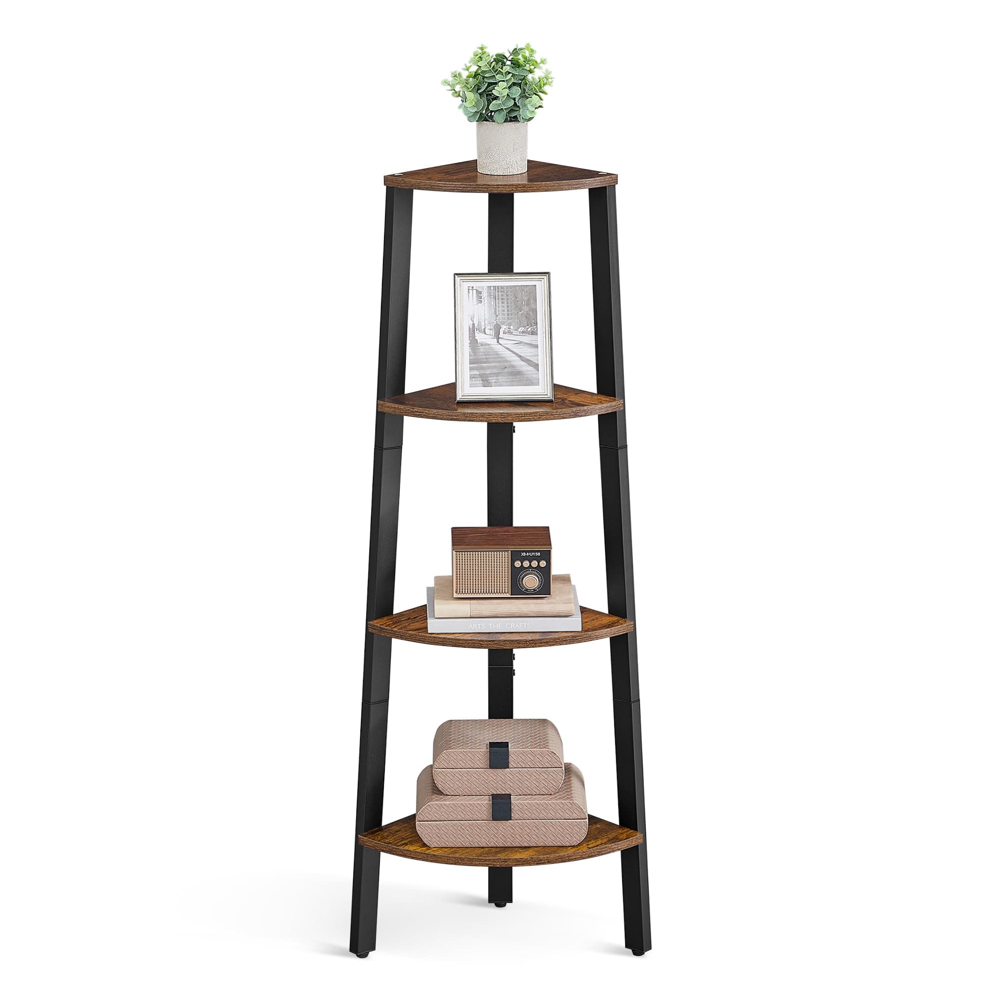 VASAGLE - Corner Shelf Bookcase - 4 Tier Ladder Shelf - Storage Unit, Plant Holder for Living Room - Industrial Style with Steel Frame - Rustic Brown and Black - LLS34X