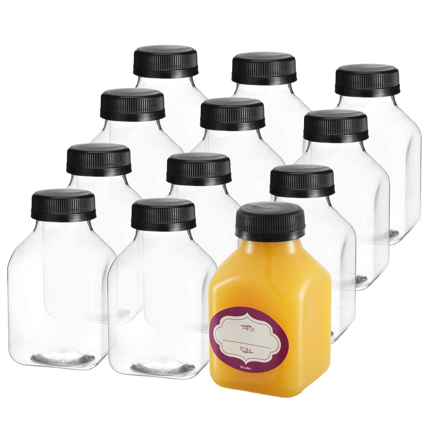 DilaBee 8 Oz Empty Plastic Juice Bottles with Lids 12 Pack Small Square Drink Containers Great for Storing Homemade Juices, Water, Smoothies