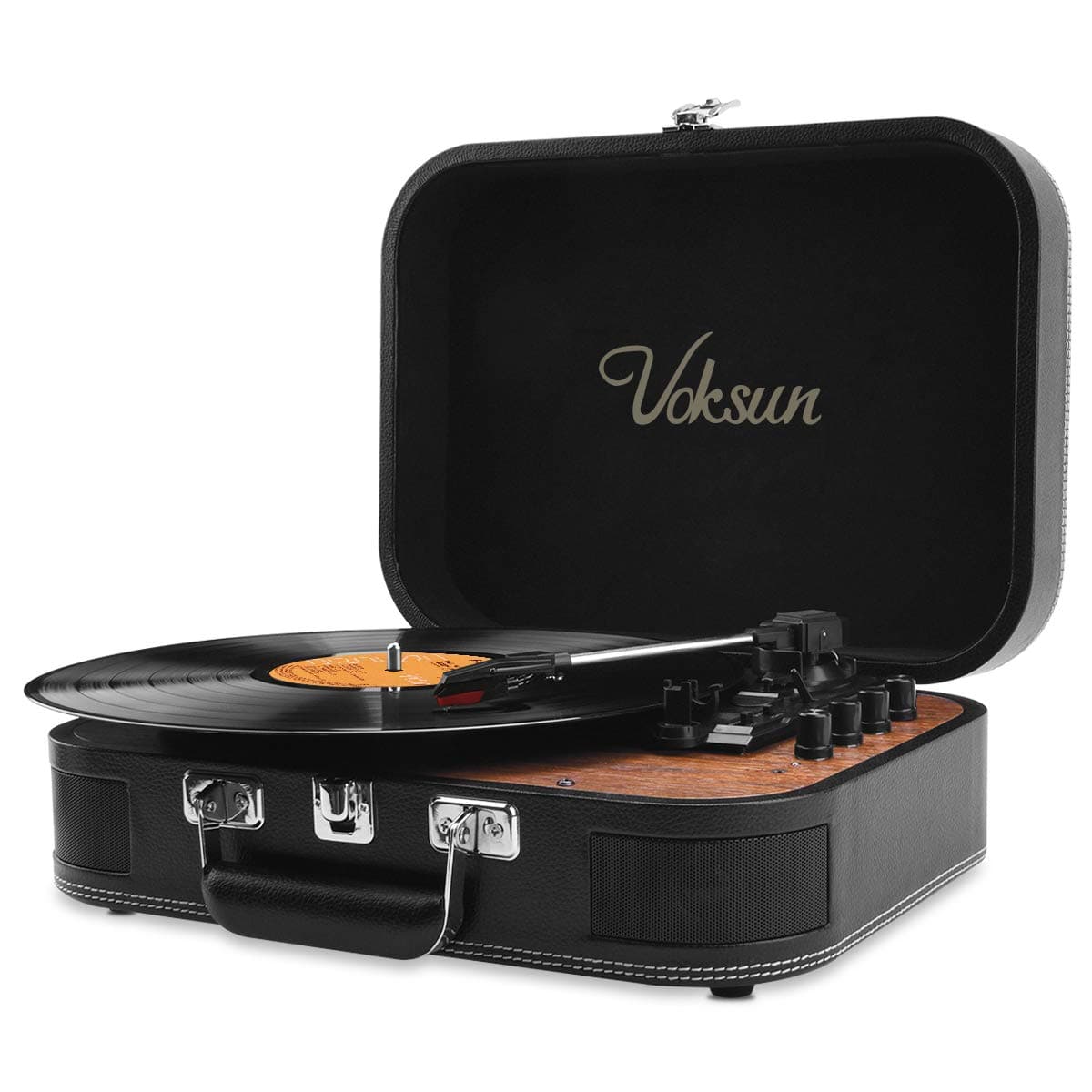 Voksun Record Player, Bluetooth Turntable with Built-in Speakers, 3-Speed Nostalgic Portable Vintage Suitcase LP Vinyl Record Player, Vinyl to MP3 Recording, with AUX USB RCA Headphone Jack, Black
