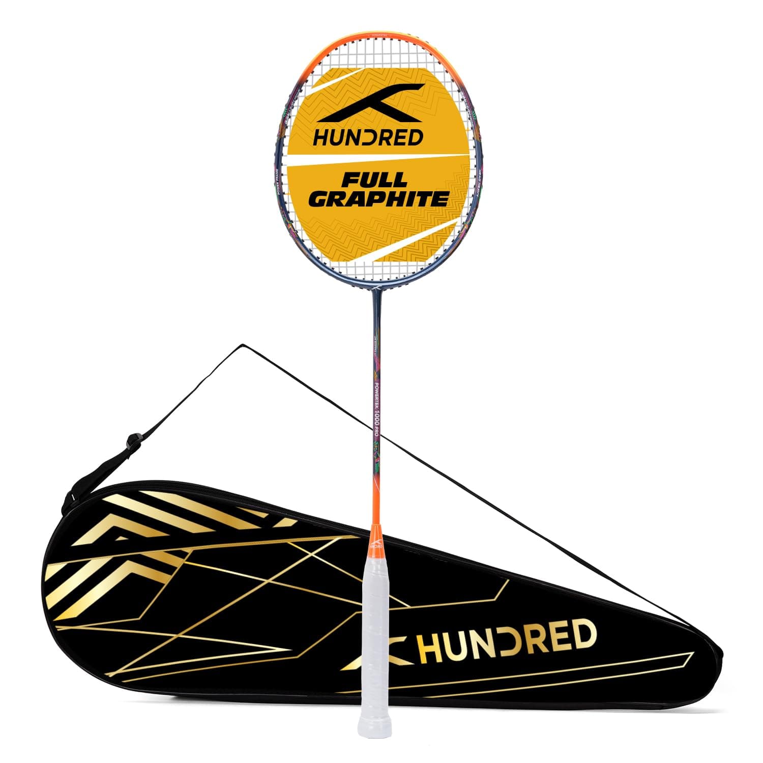 HUNDRED Powertek 1000 PRO Graphite Strung Badminton Racket with Full Racket Cover | For Intermediate Players | 95 grams | Maximum String Tension - 26lbs