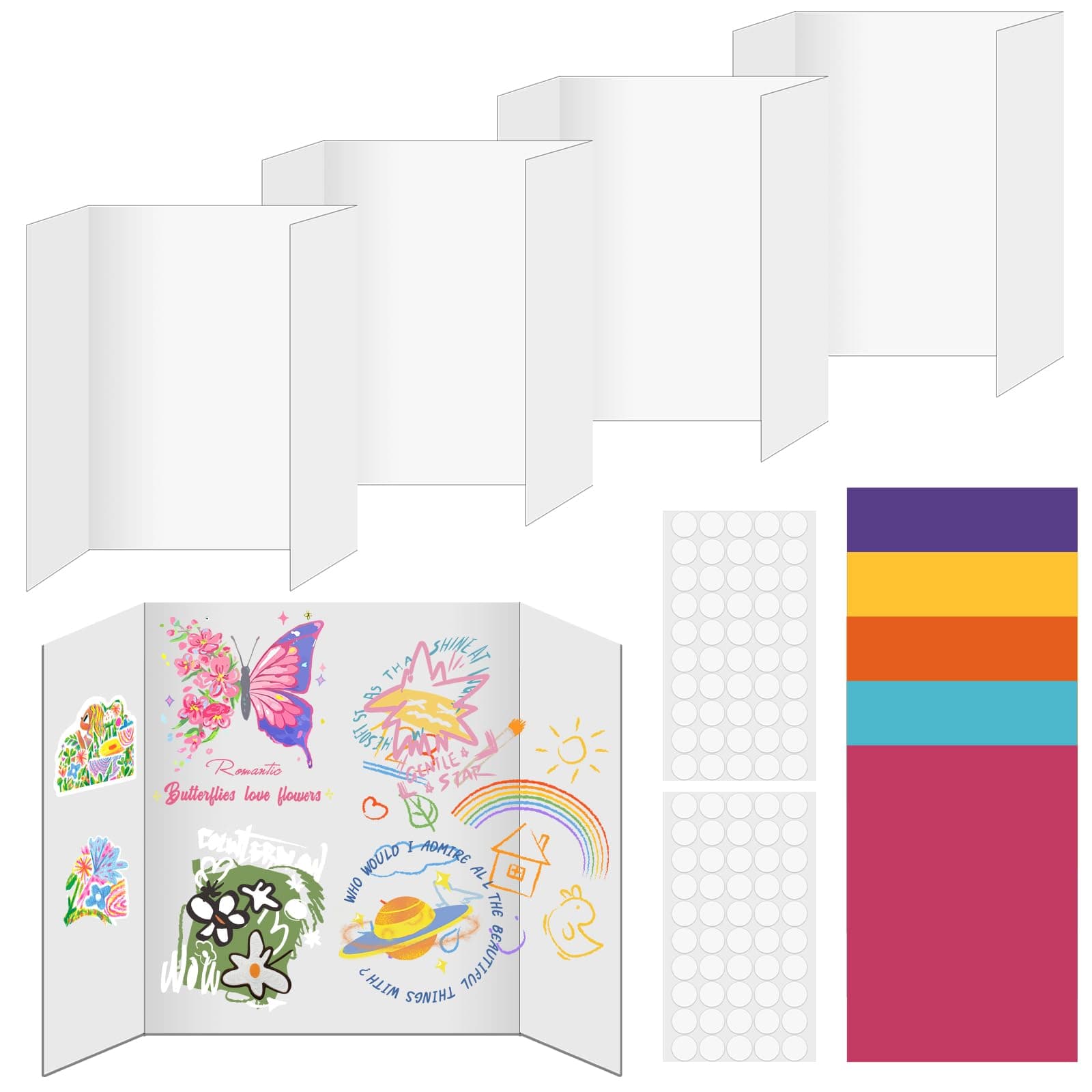 4 Pcs Trifold Presentation Board 25.61" x 16.85" White Poster Board with A3 Cardstock Sticky Dots Display Board Corrugated Project Boards for Science Fair School Projects Business Presentations