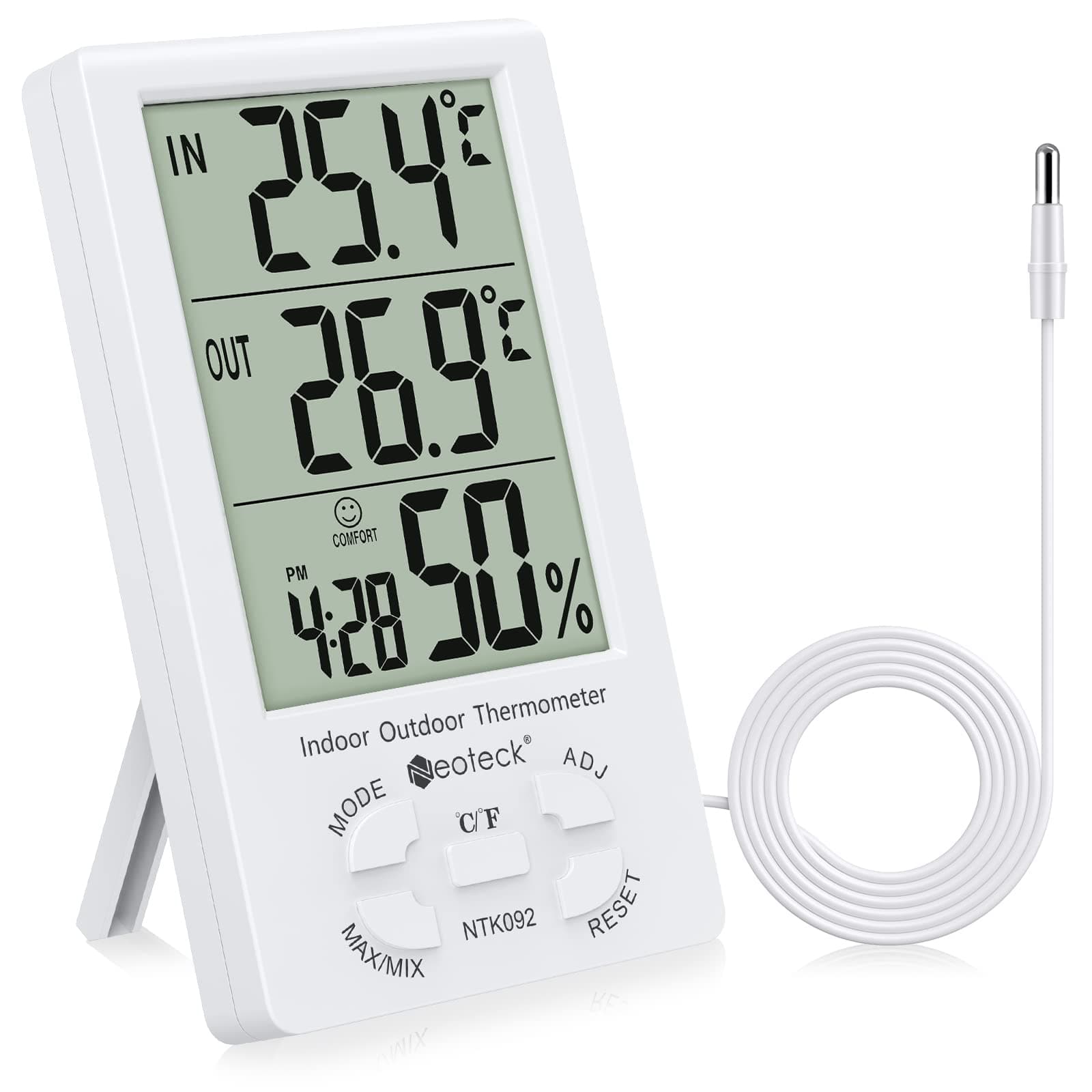 3 in 1 Thermometer Hygrometer with Clock Large LCD Display, Digital Humidity Temperature Meter 1.5m Sensor Wire for Indoor Outdoor Use