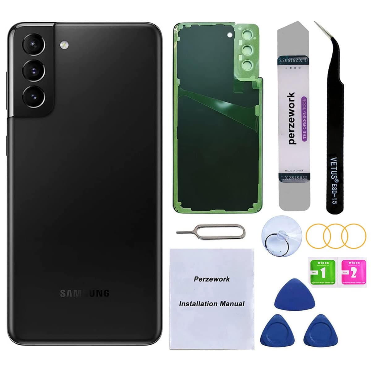 Rear Back Glass Replacement for Samsung Galaxy S21 Plus 6.7 inches with Reparing Toolkit and Pre-Installed Adhesive (Phantom Black)