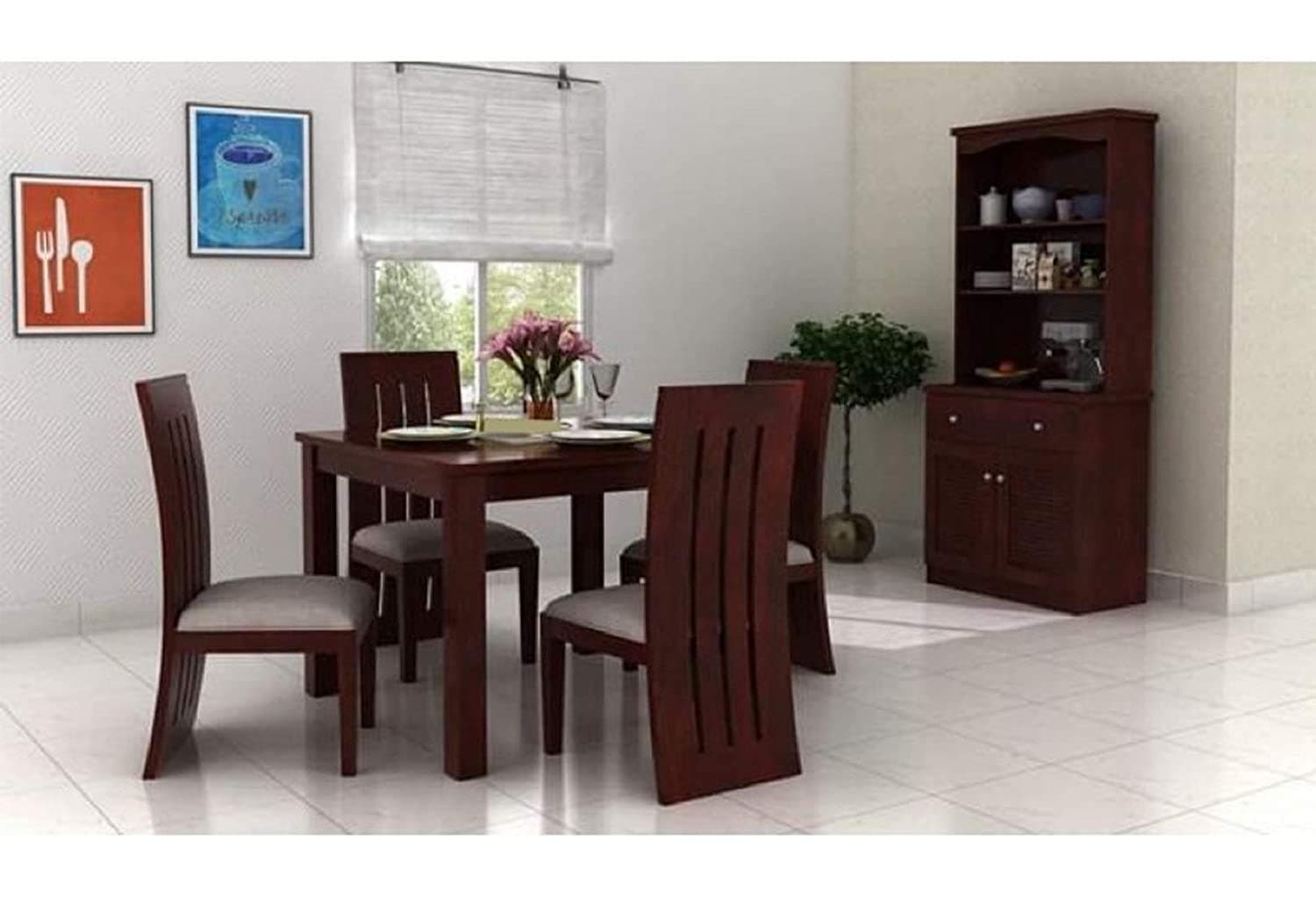 Natural Finish Dining Table 4 Seater Set with Chairs | Dining Table Sets | 4 Seater Dining Table Wooden | Dining Room Furniture Sets | Sheesham Wood 4 Seater Dining Table | Mahogany Finish