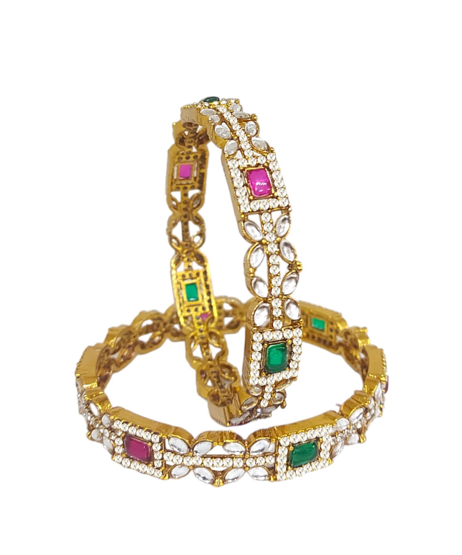 CHRISHAN High Gold Plated Ruby Green Kundan Bangles Set For Women And Girls.