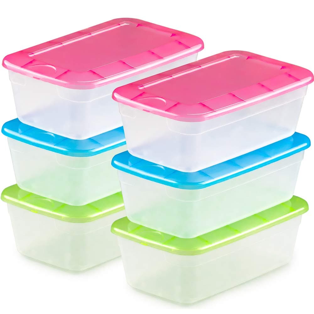 DecorRack 6 Clear Plastic Storage Containers, Shoe Boxes, Stackable, Also Perfect for Toy Storage or as Cat and Dog Food Container, Assorted Colors (6 Pack)