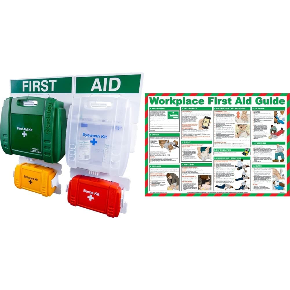 Safety First Aid Evolution Complete First Aid Point BS 8599 Compliant, Large Fully Stocked & First Aid at Work Guide Poster - Laminated (59 x 42 cm)