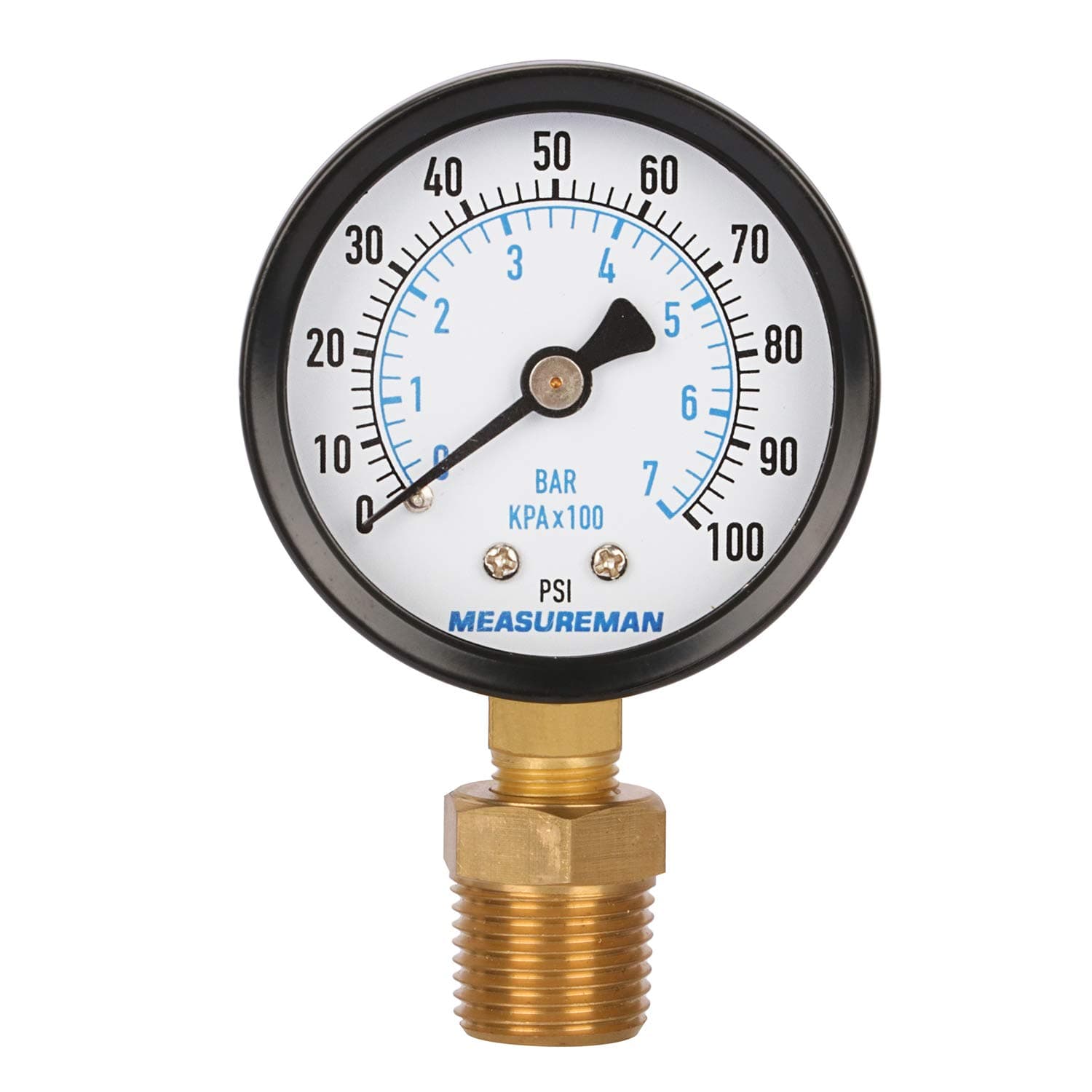 MEASUREMAN 2-1/2" dial, 1/4" NPT Lower Mount, Steel case, Brass Inside, Dry, 0-100psi/kpa, Adaptor 1/2" NPT Male