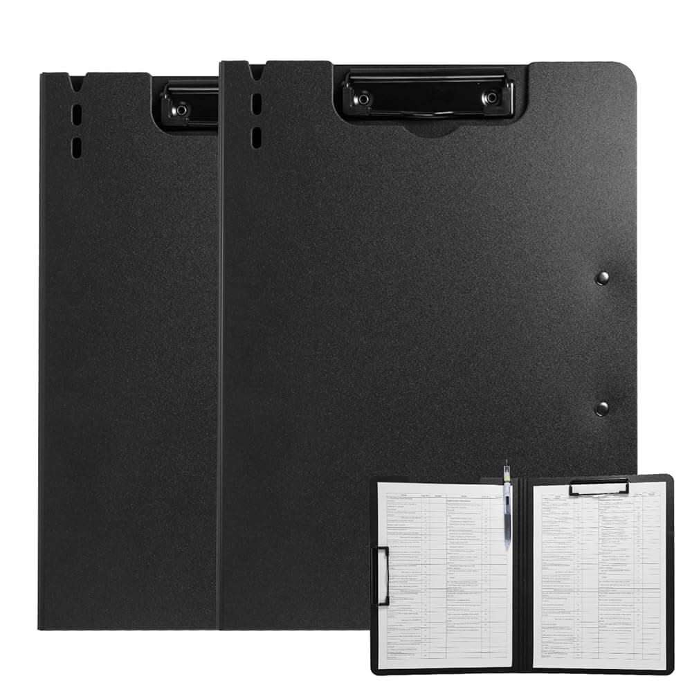 FRETONBA Clipboard Folder, 2 Pcs A4 Foldable Clipboard with Horizontal and Vertical Double Metal Clips, 360 Degree Foldable Binder Clipboards with Pen Holder, File Cover Work Folder Clipboards, Black