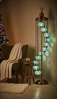 DEMMEX 11 Globe Turkish Moroccan Mosaic Floor Lamp, 7ft Tall - Tiffany Style Standing Decorative Boho Lamp with Colorful Globes for Bedroom, Living Room, Entryway – Handmade in Turkey, Turquoise