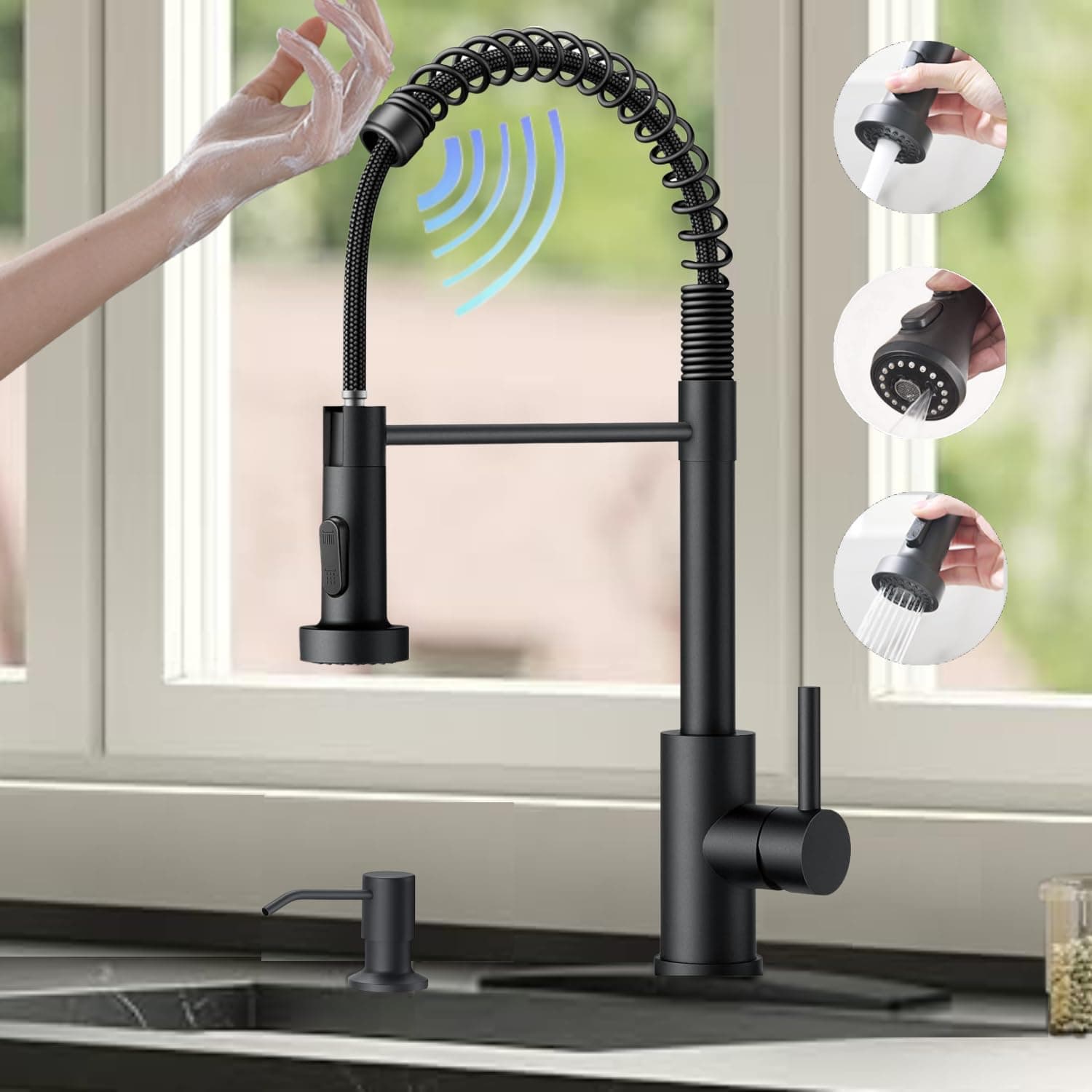 Touch On Kitchen Faucet, 3 Modes Pull Down Sprayer, Touch On Sensor Activated, Ceramic Valve, 360-Degree Rotation, 1 or 3 Hole Deck Plate. 10-Year Warranty.(Matte Black,KW-62R)