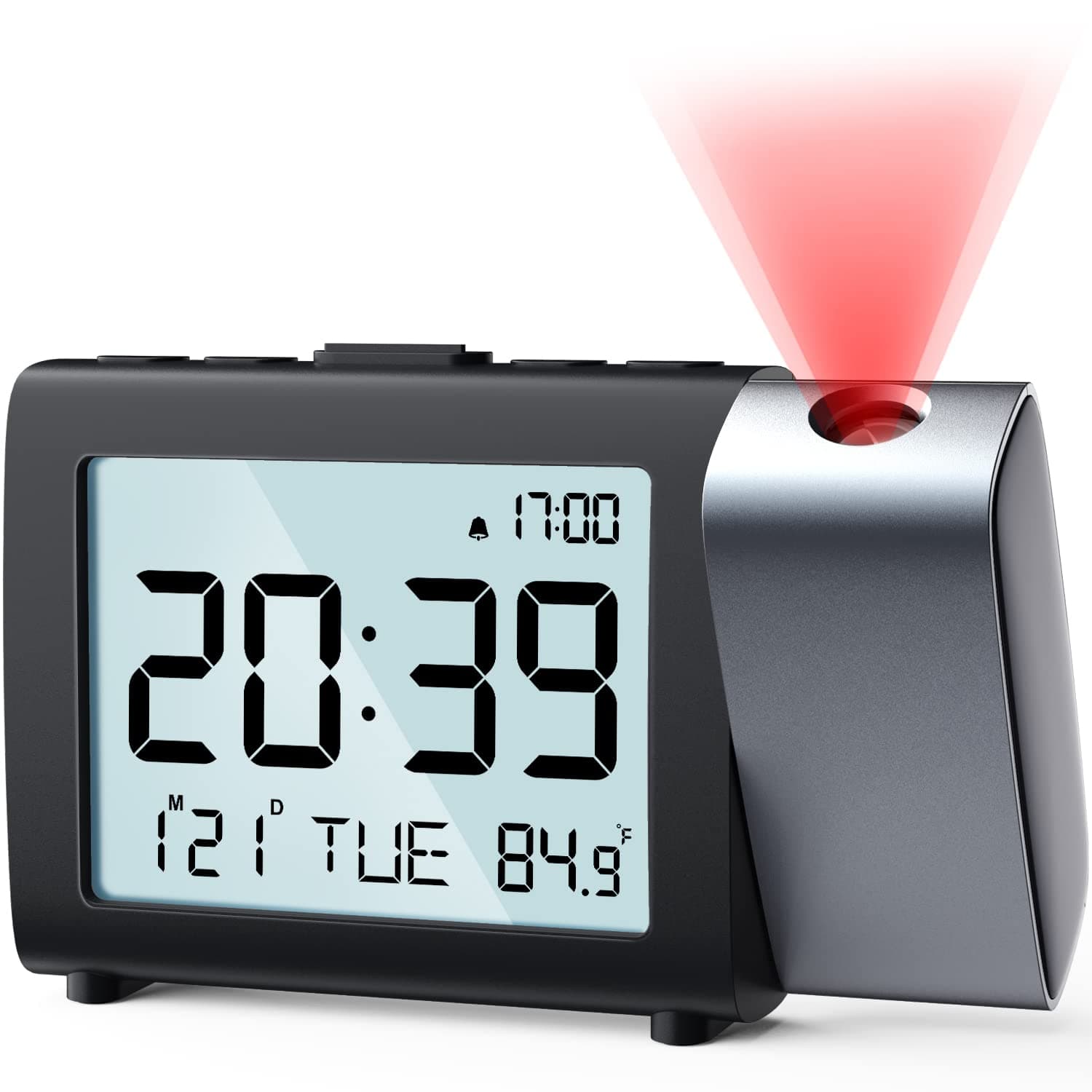 Projection Alarm Clock with Temperature, Calendar, Snooze, Adjustable Backlight, Mains and Battery Operated Alarm Clock for Bedroom Ceiling Wall