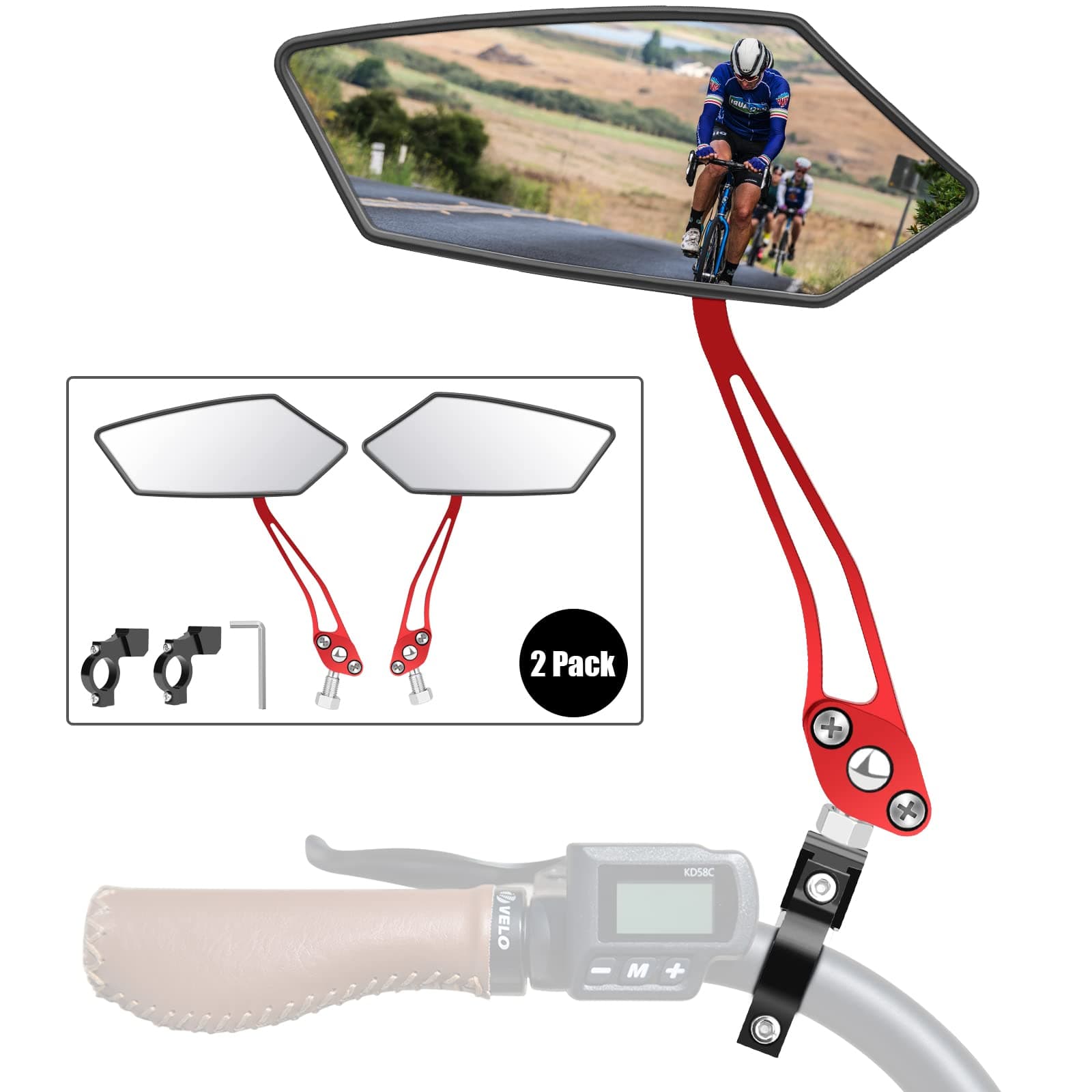 Bike Mirror 2 PCS, [New Version] HD Wide Angle Large Handlebar Rearview Mirror, Blast-Resistant 360°Adjustable Bicycle Rear View Mirrors Accessories for Mountain Road Bike Moto（Red）
