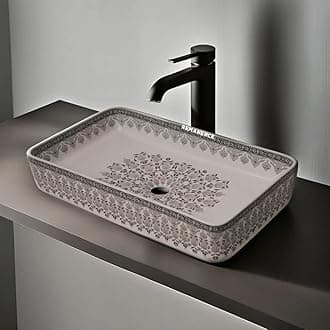 REMANENCE Designer Table Top Wash Basin For Bathroom | Ceramic Bathroom Sink | Wash Basin Over Counter Bathroom Basin (24 x 14 x 4 Inch) (Moroccan Design White N Black SL 91)