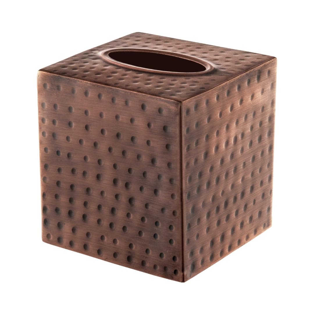 Monarch Abode 19627 Hand Hammered Tissue Box Square Cover Holder and Dispenser, Metal Dresser Accessories for Office Bathroom Decor Vanity, Decorative Tissue Box Holder, Antique Copper Finish