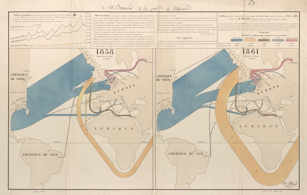 Carte figurative et approximative des quantitis de coton en laine importes en Europe en 1858 et en 1861 dresse par M Minard inspecteur gnral des ponts et chausses en retraite Poster Print (24 x 36)