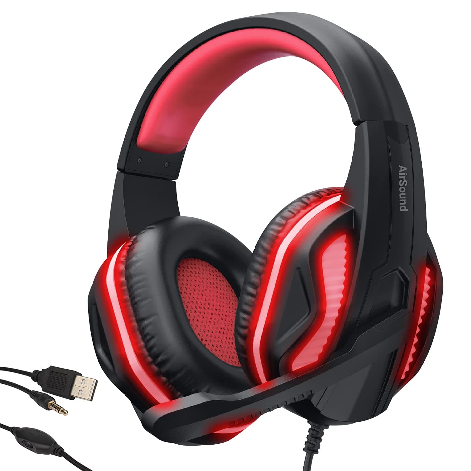 Airsound Alpha-3 Stereo Gaming Headset For Ps4 Pc Xbox One Ps5 Controller, Noise Cancelling Over-Ear Headphones With Mic, Red Led, Bass Surround, Soft Memory Earmuffs For Laptop Mac Nintendo Nes Games