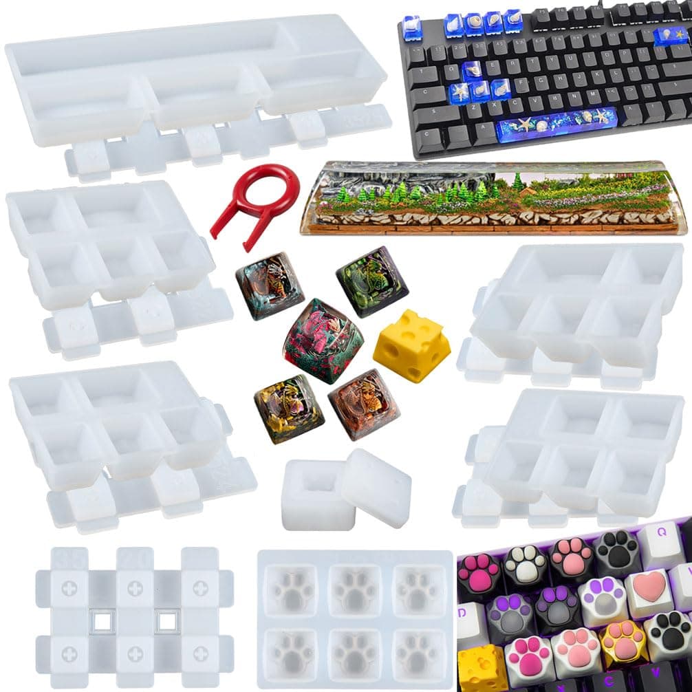 Keycaps Epoxy Resin Casting Molds Set for Mechanical Gaming Keyboard Polymer Clay Crafts 7 Silicone Trays with Key Puller