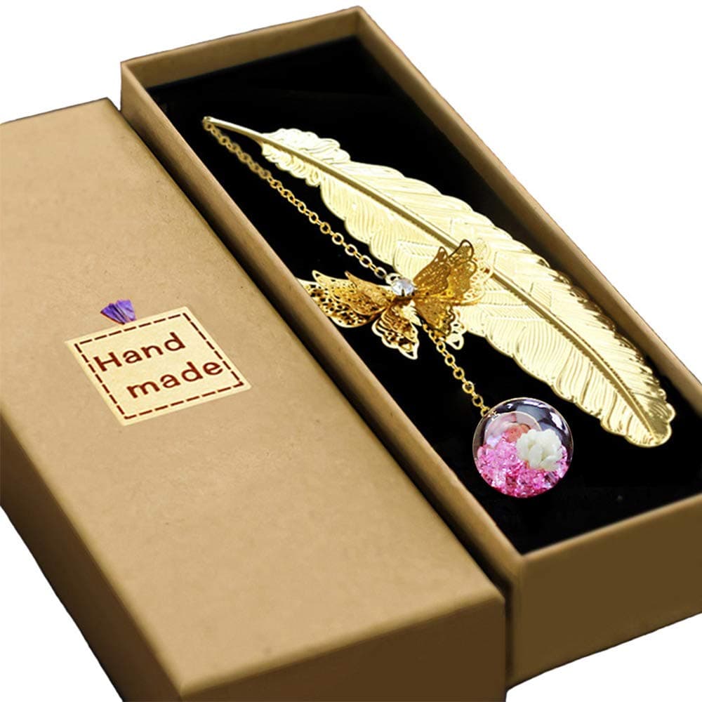 Reader Gift Classical Bookmarks Metal Feather Butterfly Pendants with Flower Creative Bookmark for Women Men Perfect Gift for Girls Kids (Gold Color)