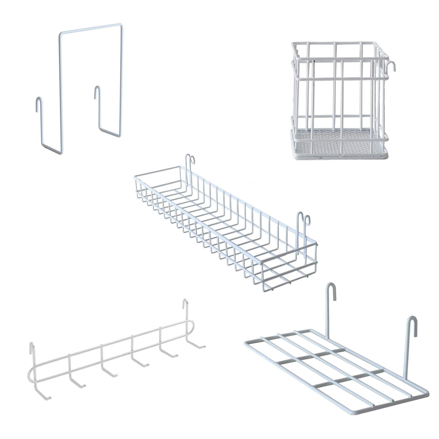 Metal Mesh Wall Grid Panel Hanging Basket,Display Shelf,Pen Holder,Hooks Rack,Bookshelf,Decorative Desk Storage Organizer for Office,Study,Set of 5 (White)