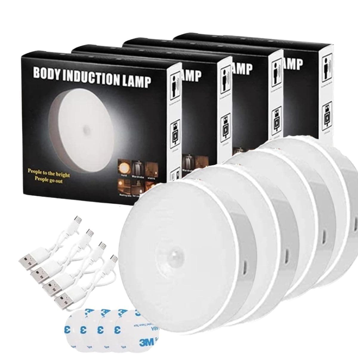 Chillyfit Motion Sensor Light Home (Pack of 4) with USB Charging Wireless Self Adhesive Led Body Induction Lamp Sensor Light Wardrobe Lights with Sensor Night Light Cupboard Stairs, 8.6 Cm, White