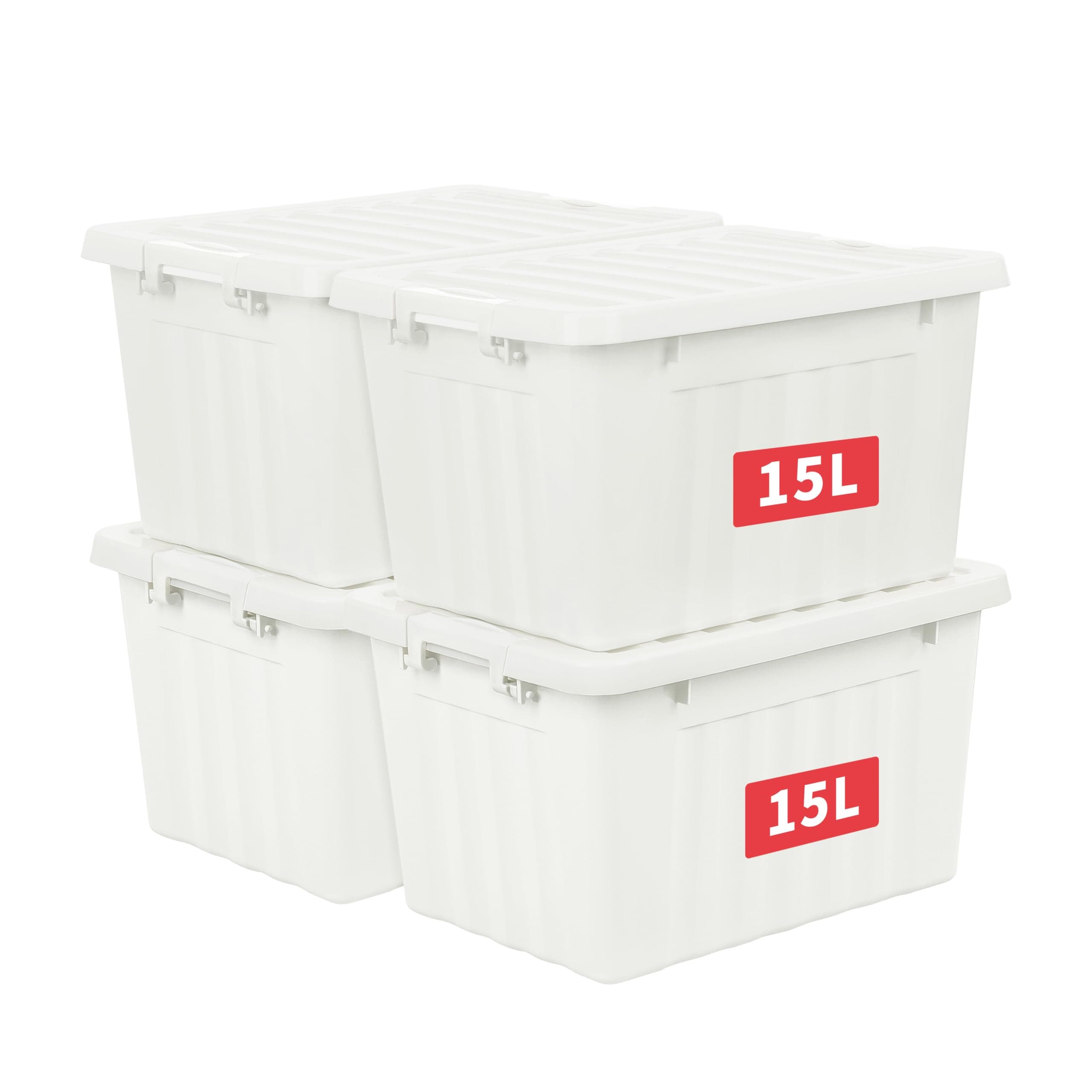 15L*4 Storage Boxes with Lids, Plastic Storage Bins with Latching Buckles, Click Closure, Stackable, Nesting, Organizer for Home Office Clothes, White, 15L-4 Pack