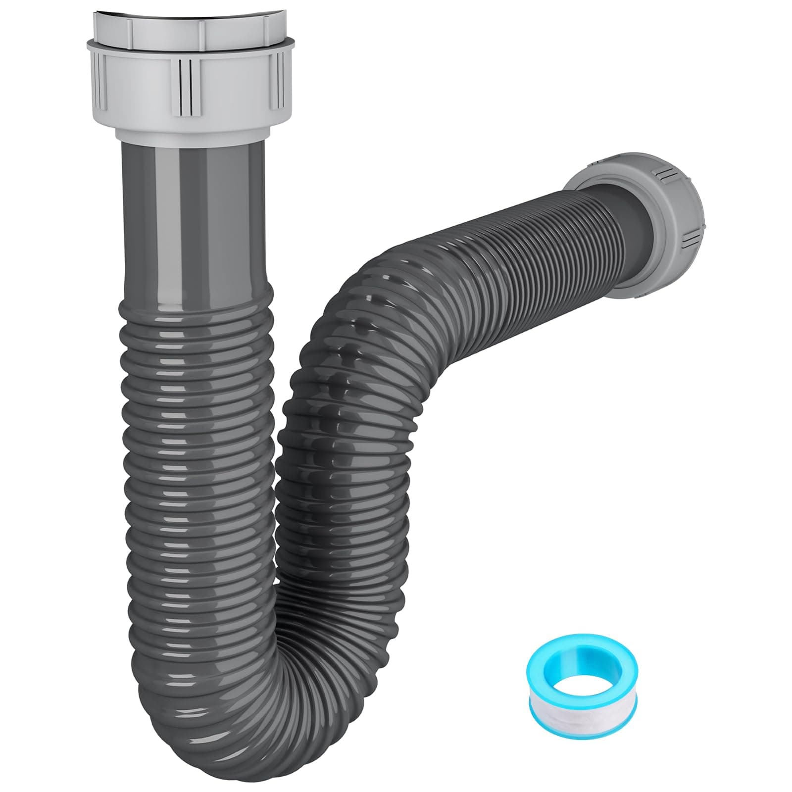 NiHome Flexible P-Trap Pipe Kit with Teflon Tape & Sealing Rings, Tool-Free Installation 1-1/2" & 1-1/4" Drain Connector Kitchen Sinks Compatible, Easy Clean Durable High-Resistance PVC (Single Sink)