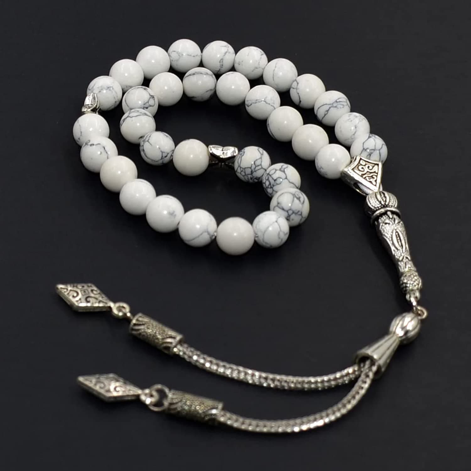 Simple Designed Natural Stone Worry Beads (8 mm -33 Beads) - Prayer Beads Tesbih-Tasbih-Tasbeeh-Misbaha-Subha-Sebha-Sibha-Rosary (Synthetic White Turquoise Stone)