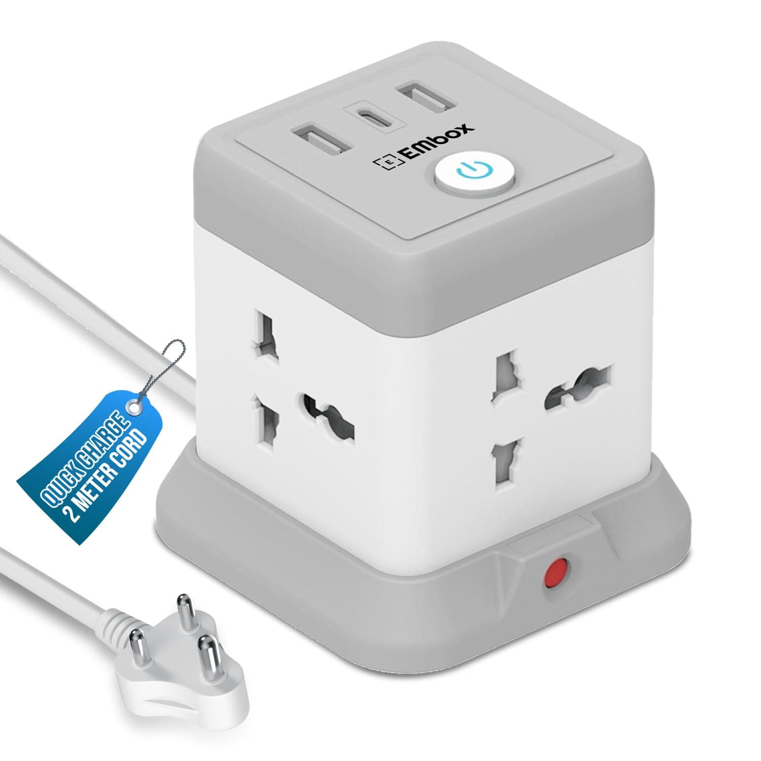 EMBOX Cube Extension Board with USB Type C (2.4 A) (QC 3.0) | 2500W Heavy Duty Extension Board with Switches | Extension Cord with Universal Sockets Safety Shutter & Overload Protector, 2 Meter