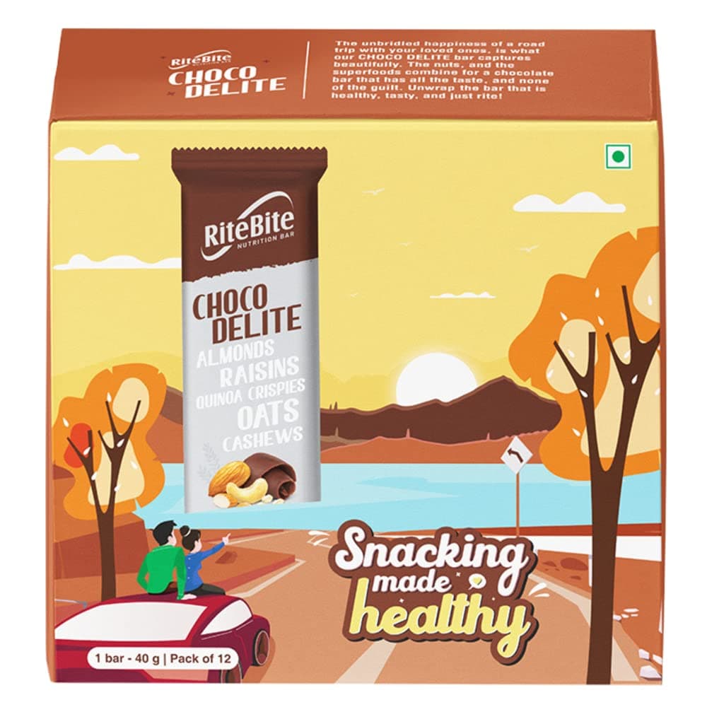 RiteBite Choco Delite Energy Snack Bar with Oats, Almonds & Dark Chocolate 480g - Pack of 12