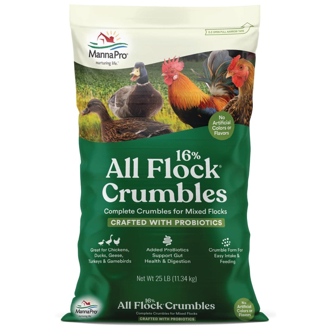 All Flock Crumbles – 16% Protein Complete Poultry Feed with Probiotics for Digestion, Crumbled Chicken & Game Bird Feed for All Flock Types, No Artificial Colors or Flavors, 25 lb