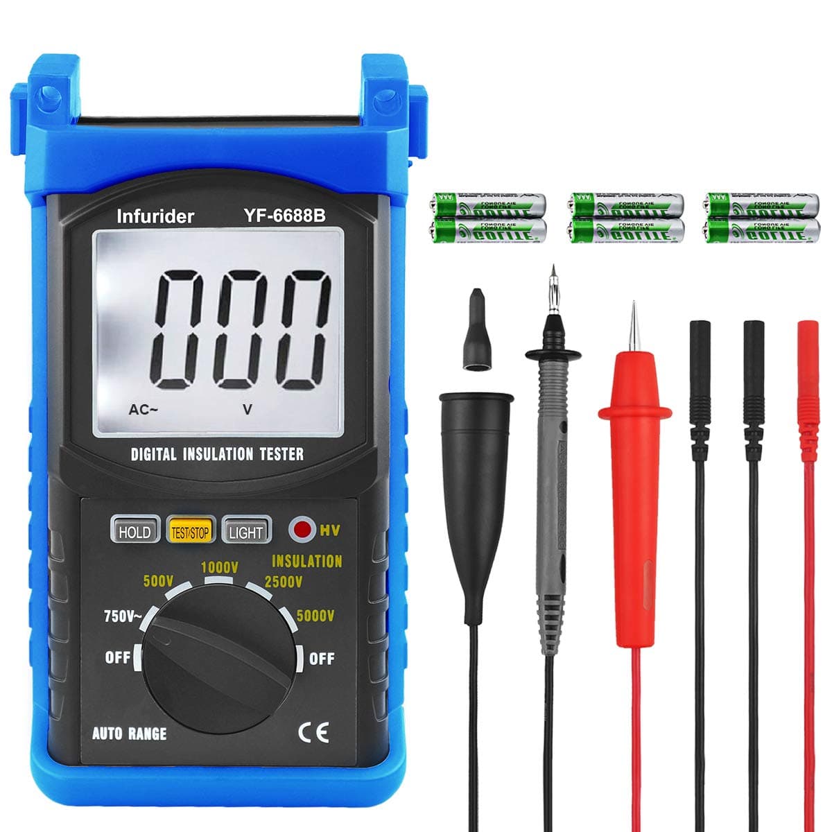 YF-6688B Digital Insulation Resistance Tester MegOhmmeter DC AC Voltmeter,Test Voltage 5000V,Insulation Resistance 200G Ohms with Large LCD Backlit and High Volt Indication