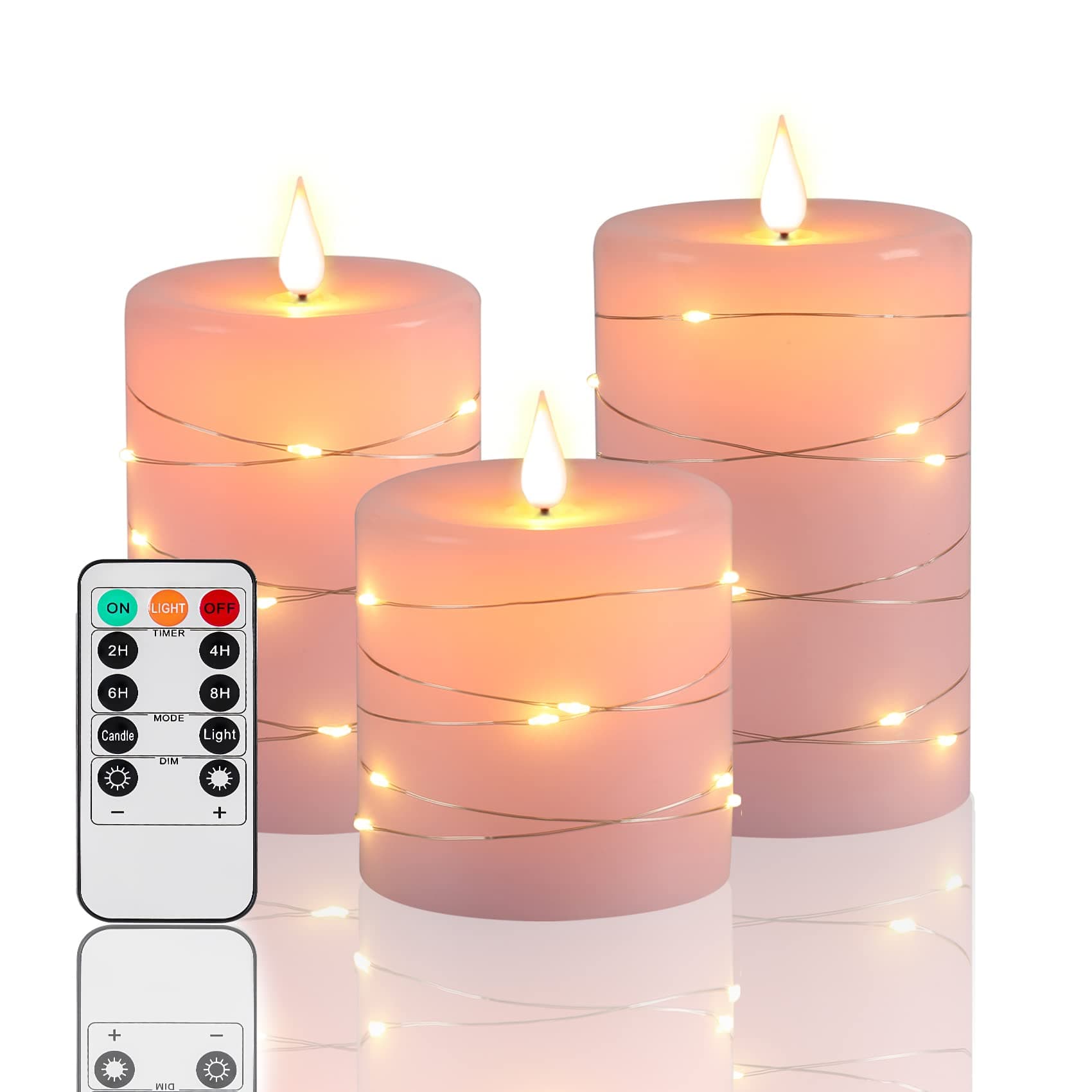 Flameless candles, battery candles with string light. Battery powered LED candles. Flashing candles with remote control and timer. For seasonal and festive celebrations, Fanzri Set 3 candles Rose Pink