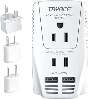 2000W Travel Voltage Converter Step Down 220v to 110v Power Converter for Hair Dryer Straightener Curling Iron, 10A Power Adapter with 2 USB Charging EU/UK/AU/US Worldwide Plug for Phone, White