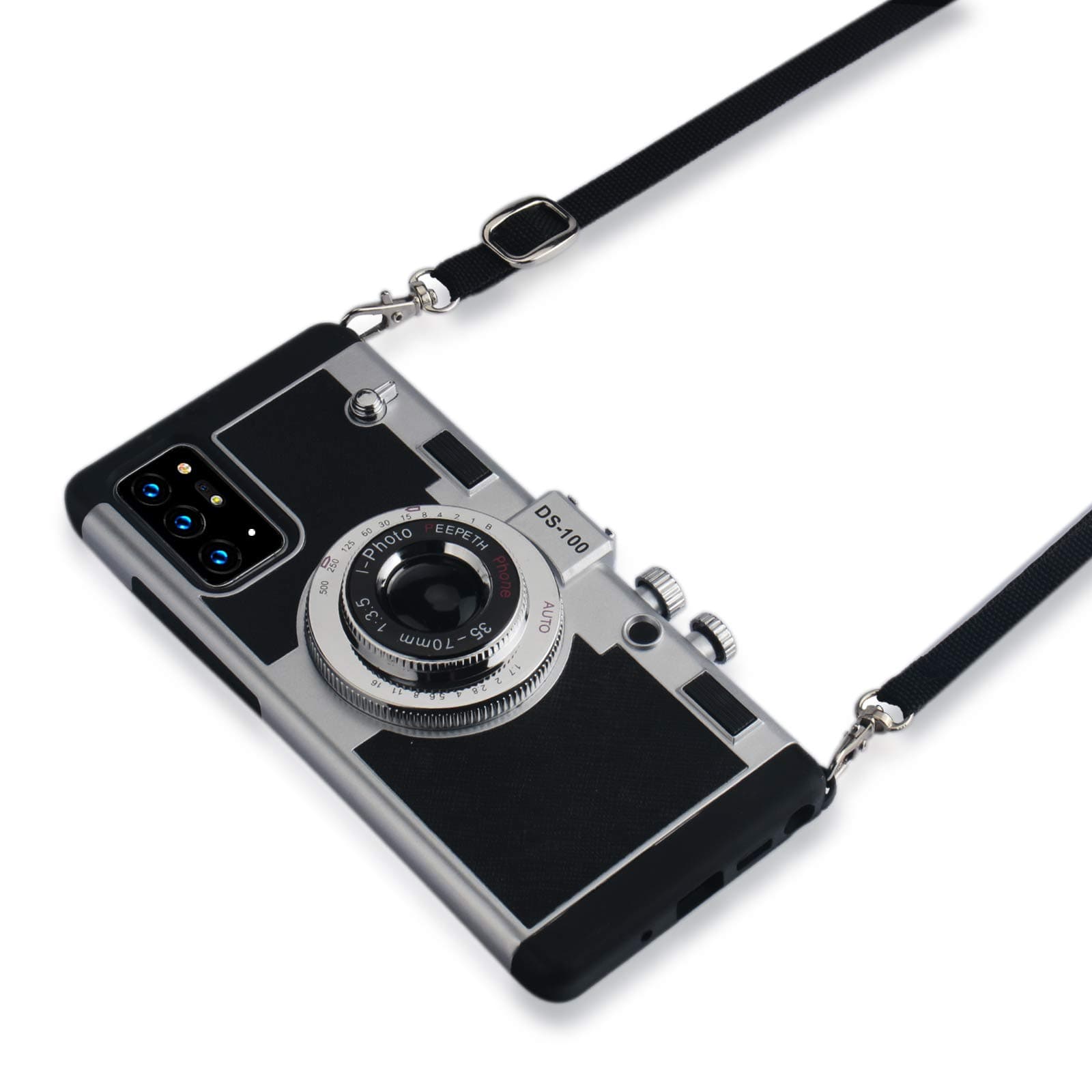Awsaccy Camera Phone Case for Galaxy Note 20 Ultra 6.9 inch Camera Case Vintage Cover Cute 3D Cool Unique Design PC Silicone Cover with Removable Neck Strap Lanyard for Girls Women Black