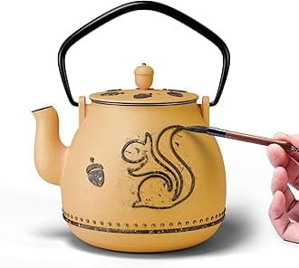 Toptier Teapot with Removable Infuser, Cast Iron Tea Kettle Stovetop Safe, Squirrel Design Tea Pot Coated with Enameled Interior for 32 Ounce (950 ml), Orange