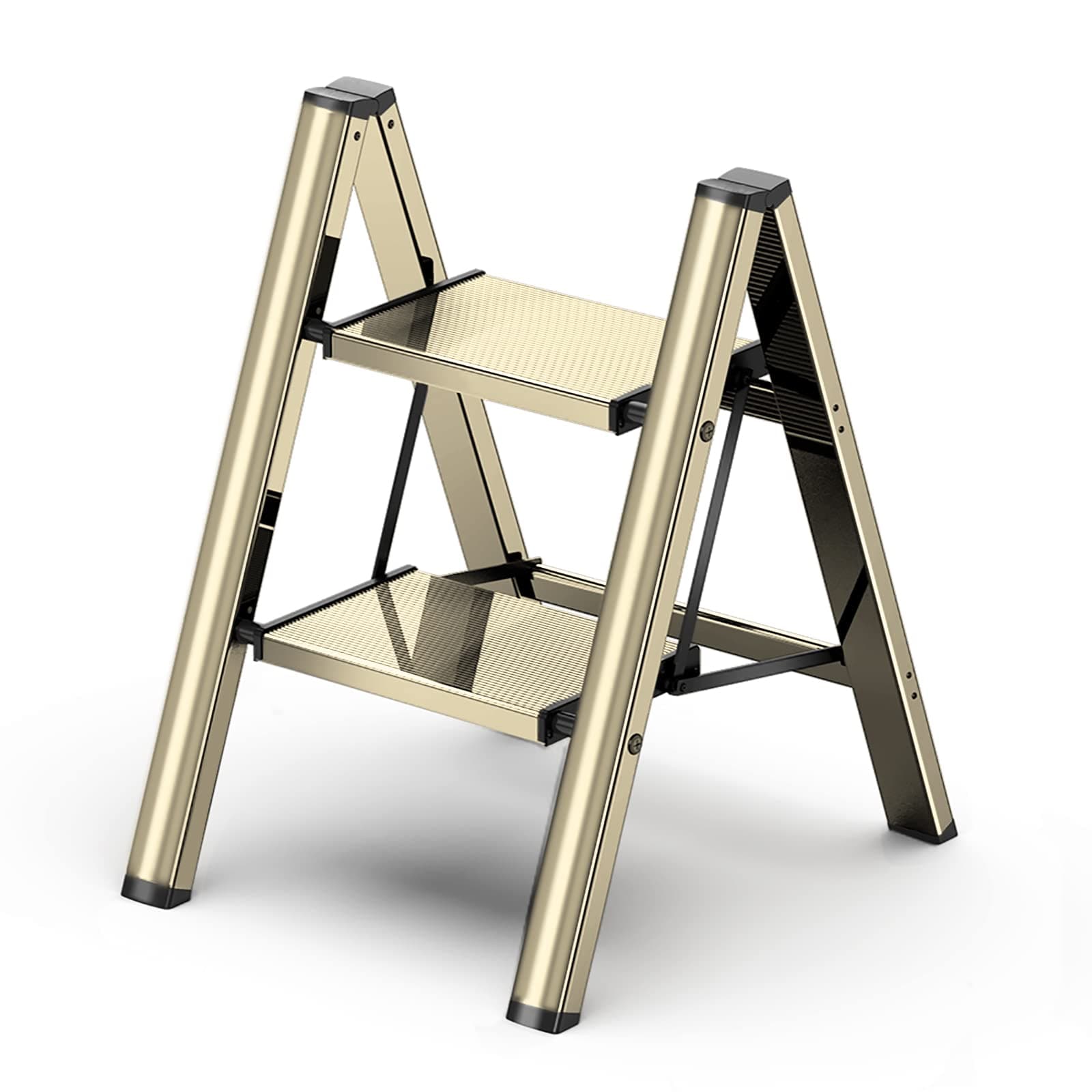 2 Step Ladder Folding Step Stools, Aluminum Ladder with Anti-Slip Sturdy and Wide Pedal, Portable Gold Step Stool for Adults, Lightweight Small Step Ladders for Home Bedroom Kitchen, 330 lbs, Gold