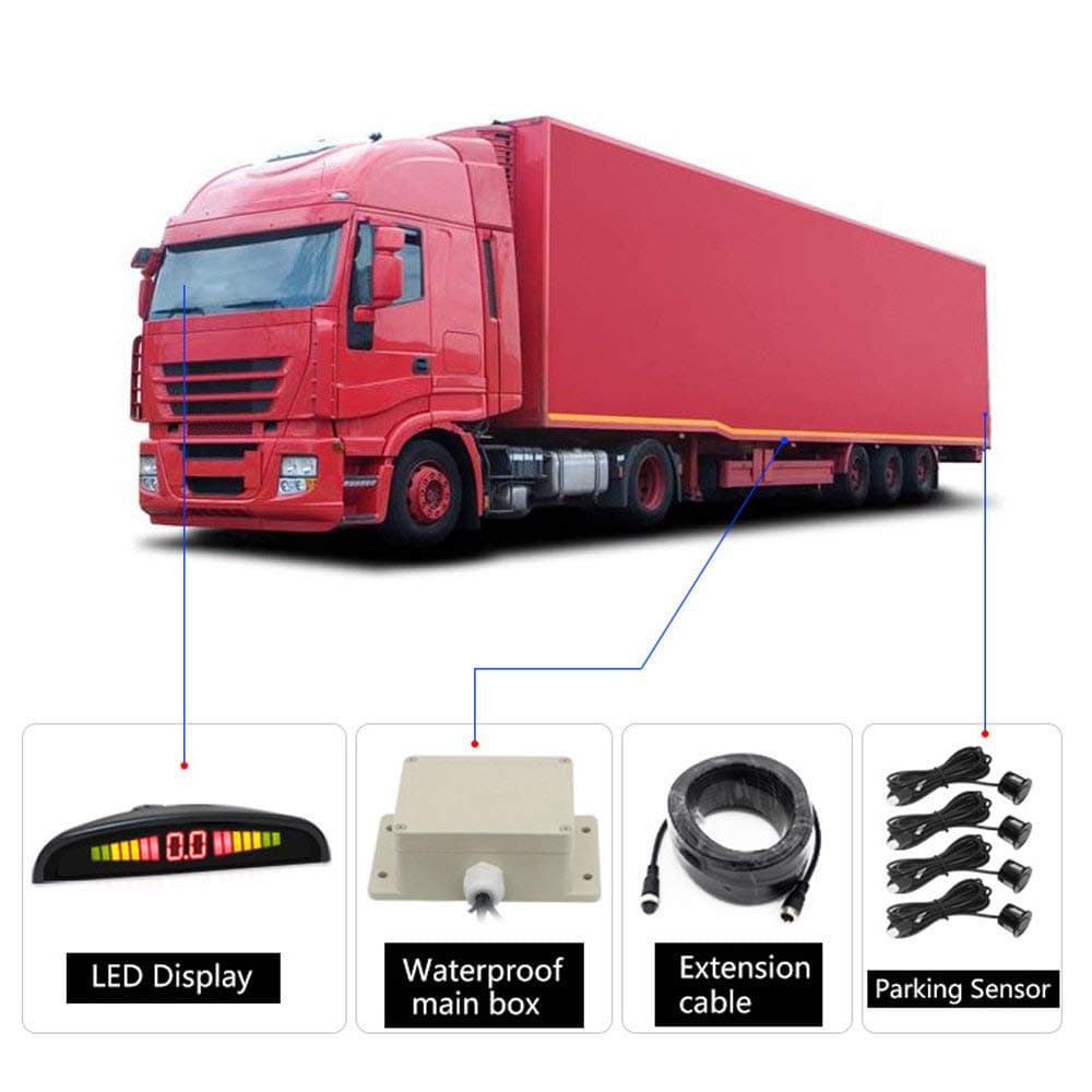 CONRAL 24V Car Reverse Backup Radar System with 4 Parking Sensors Distance Detection + LCD Distance Display + Sound Warning, For Bus, Truck, Dump Truck, Trailer, RV