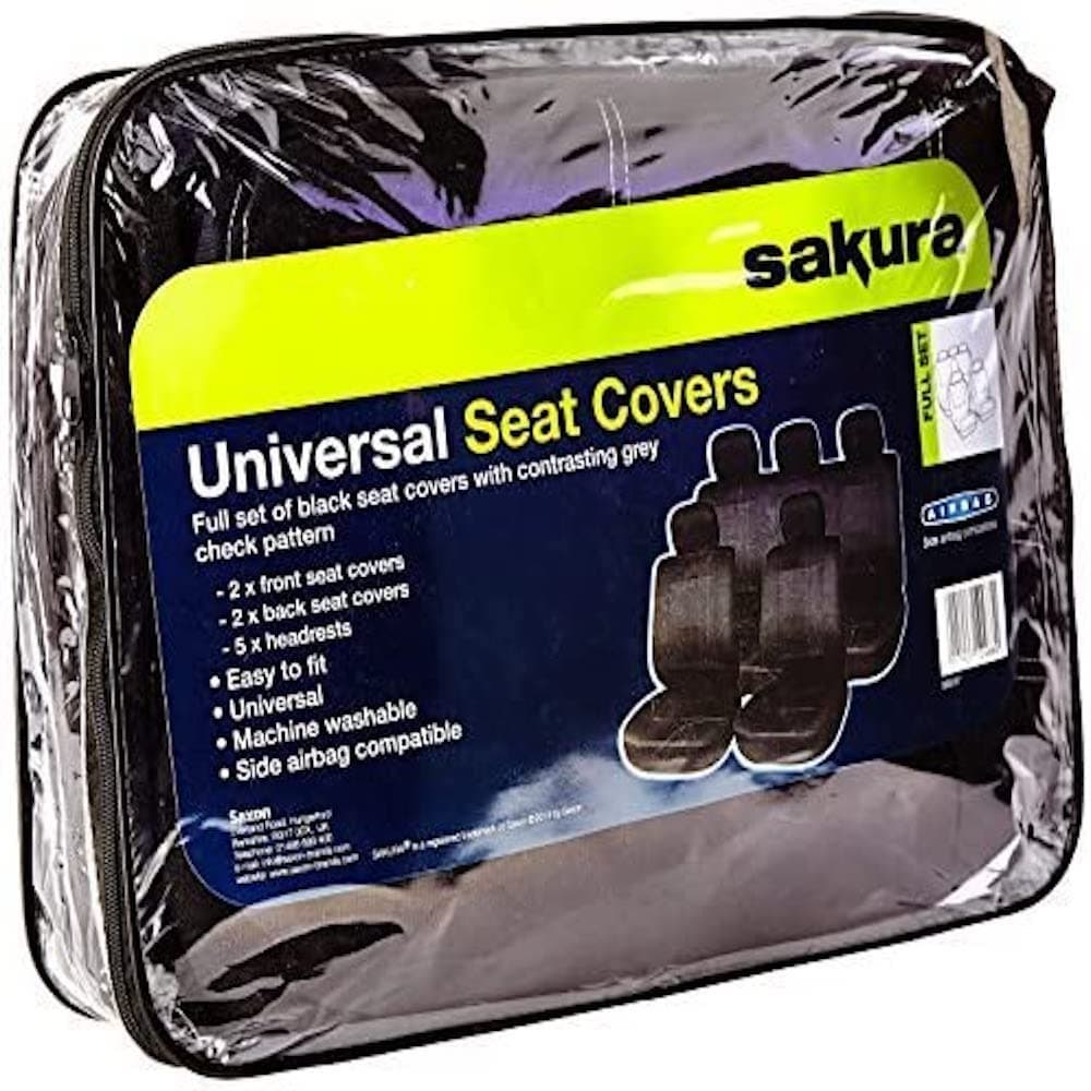 Sakura SS5057 Seat Covers Checks Full Set includes Head Rest, Black/White