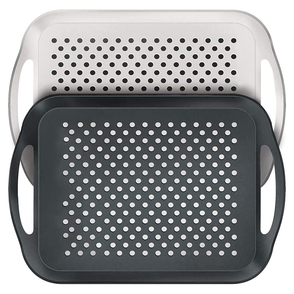 2X Set of Anti-Slip Rectangular Non-Slip Top and Bottom Plastic Dinner/Drinks Serving Tray with High Grip Rubber Surface, Easy Grip Handles Black & White