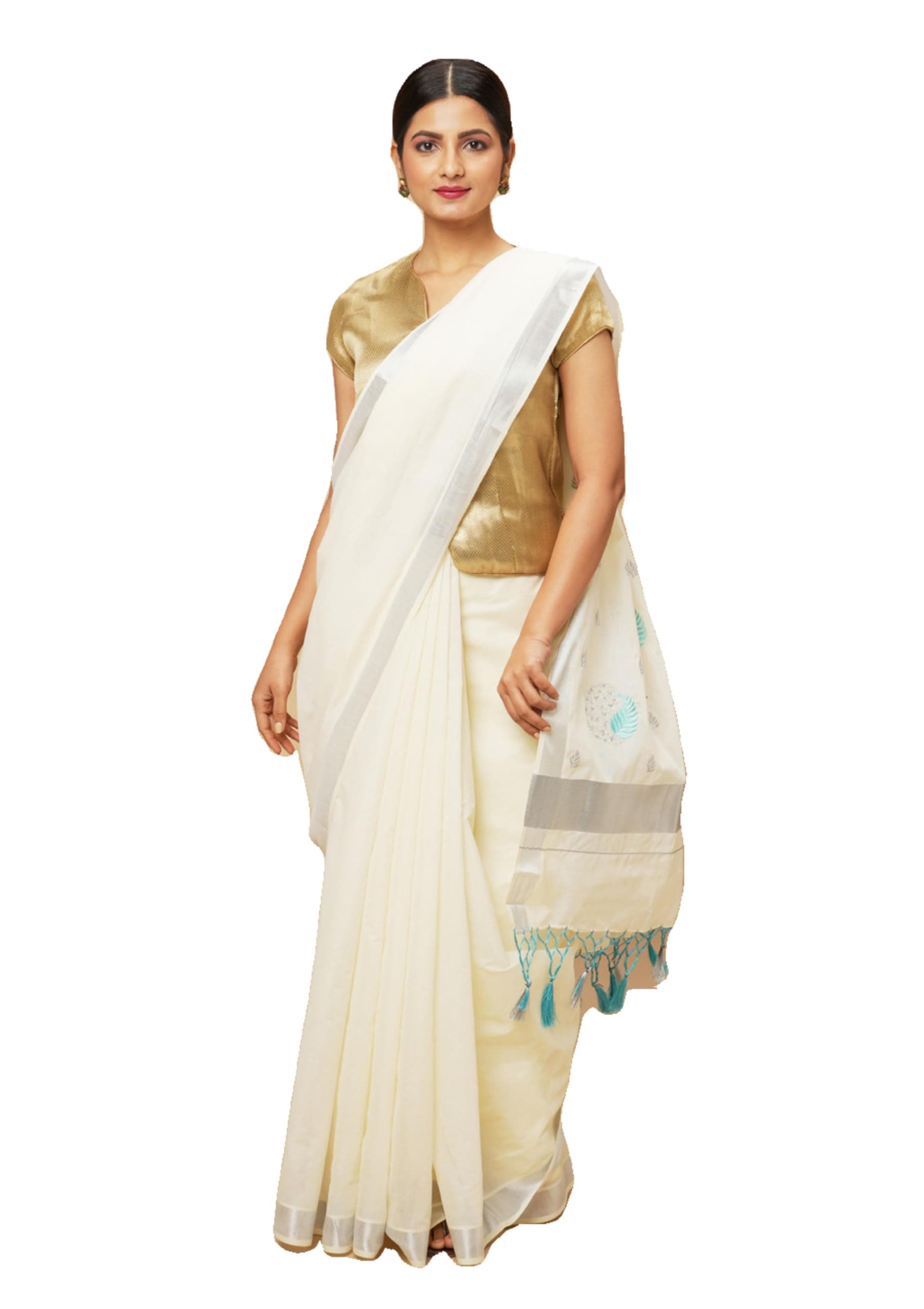 manvish drapes Solid/Plain Kerala Kasavu Pure Cotton Saree with Embroidered Pallu and Tassels