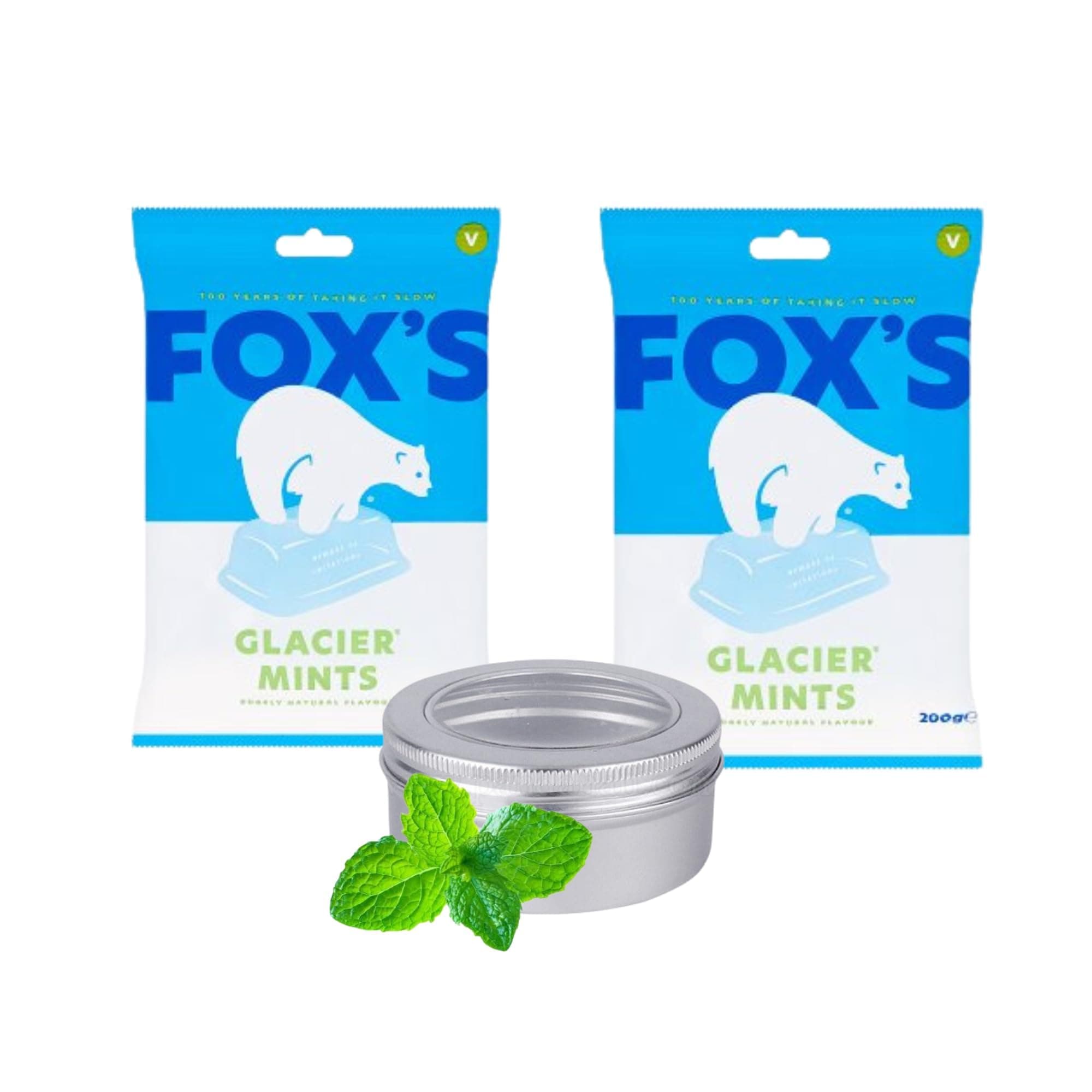Foxes Glacier Mints 2 x 200g Bags Bundle with TinTastic Silver Travel Sweets Tin