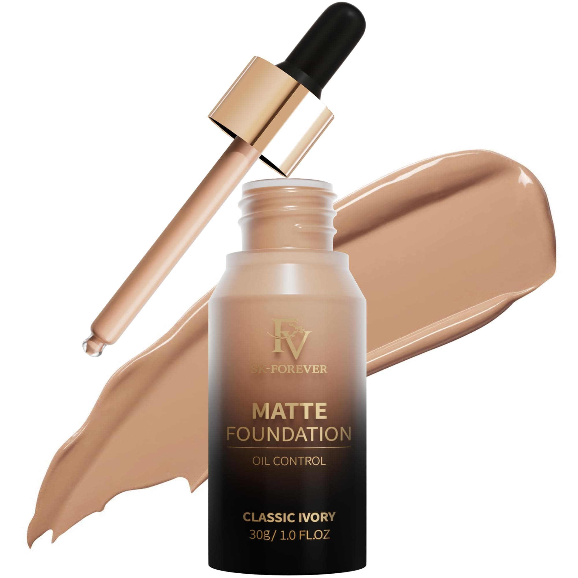 FV Matte Liquid Foundation - Full Coverage, Long-Lasting, Oil Control, Minimizes Pores, Waterproof Makeup for Oily/Combination Skin, Flawless Finish, 1 Fl. Oz(Classic Ivory)