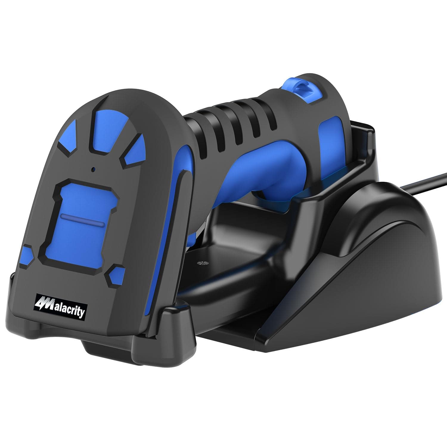 alacrityLong Distance 1D 2D Industrial Barcode Scanner, Wireless Charging Cradle, 433Mhz Wireless & Bluetooth Barcode Reader, Shock Dust Proof Hands Free, Blue