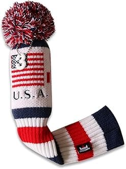 Craftsman Golf US Flag Knit Pom Pom White Blue Red Driver,Fairway Wood, Hybrid Head Cover Headcover for Callaway Mizuno Cobra Taylormade (#3 Wood Cover)