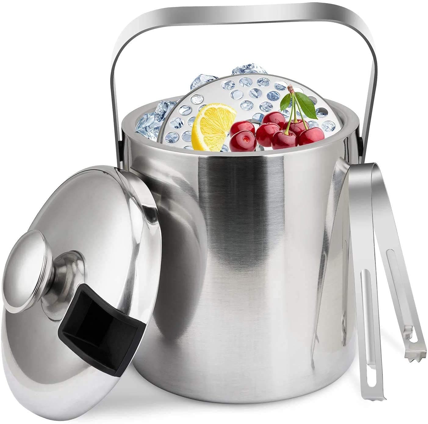 ALISSA Large Ice Bucket for Cold Drinks with Lid and Clamp, Double-layer Stainless Steel Ice Bucket Kit for Keep Freeze Beer or Other Beverages Gift Suitable For Parties (Silver)