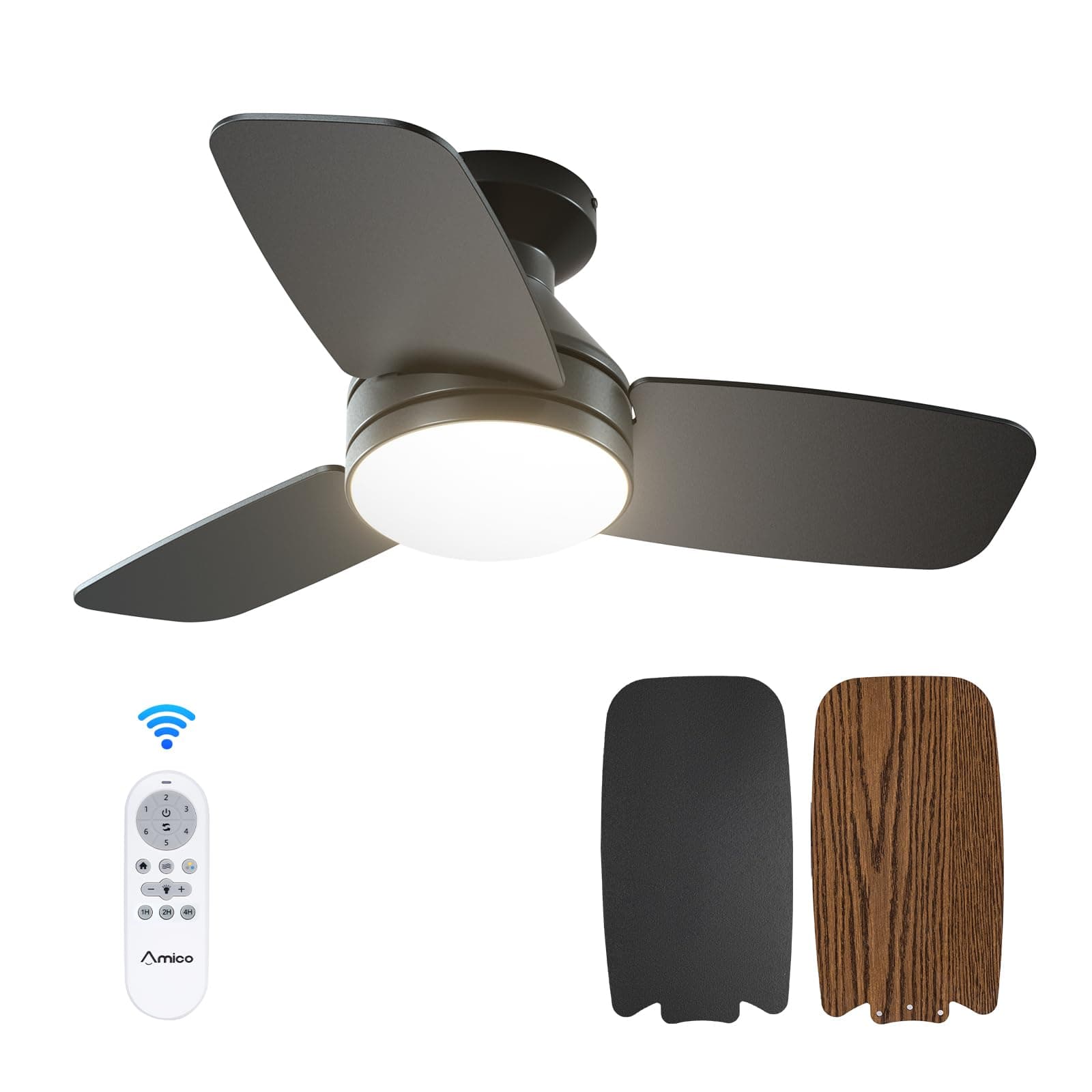 Amico Ceiling Fans with Lights, 30 inch Low Profile Ceiling Fan with Light and Remote Control, Flush Mount, Reversible, 3CCT, Dimmable, Noiseless, Black Ceiling Fan for Bedroom, Indoor/Outdoor Use