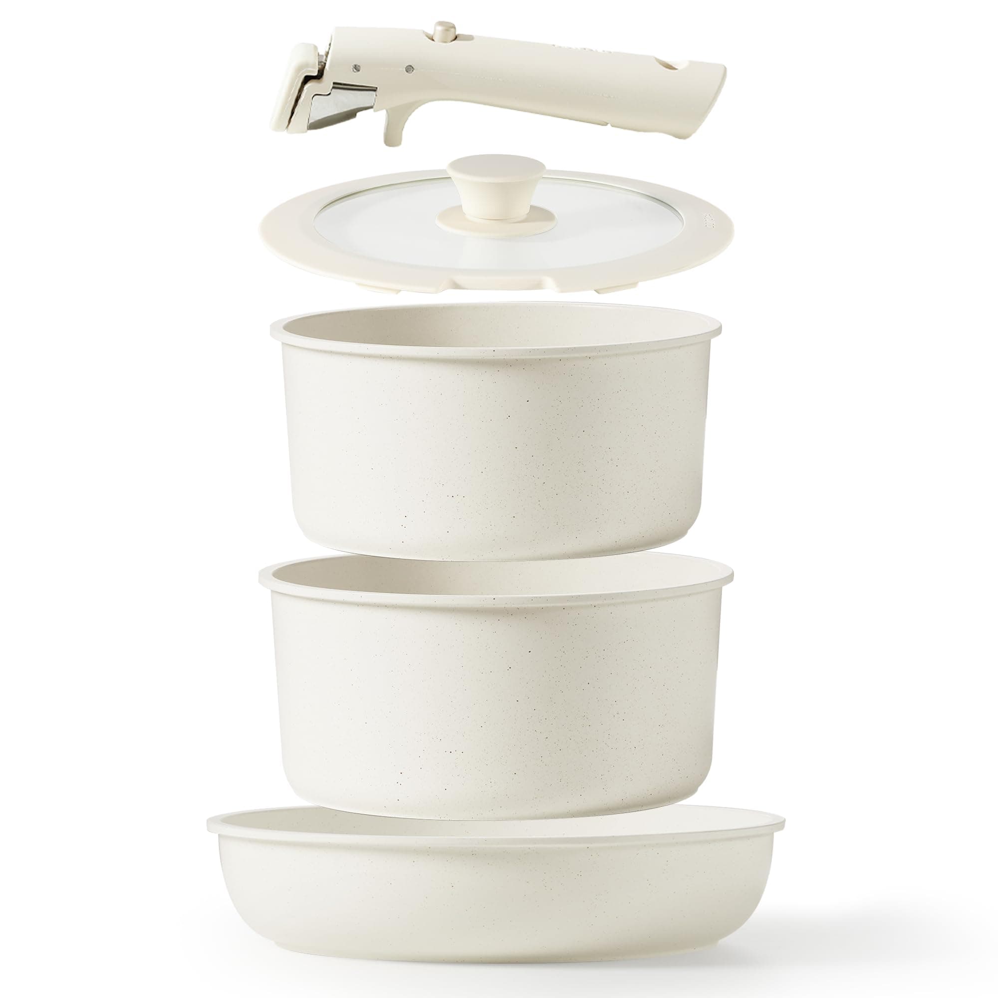 CAROTE 5pcs Pots and Pans Set Non Stick, Cookware Sets, Kitchen Set, Oven/Dishwasher/Fridge Safe, Space Saving Pots Set, Nonstick Set with Versatile Detachable Handle, Induction RV Set, Cream