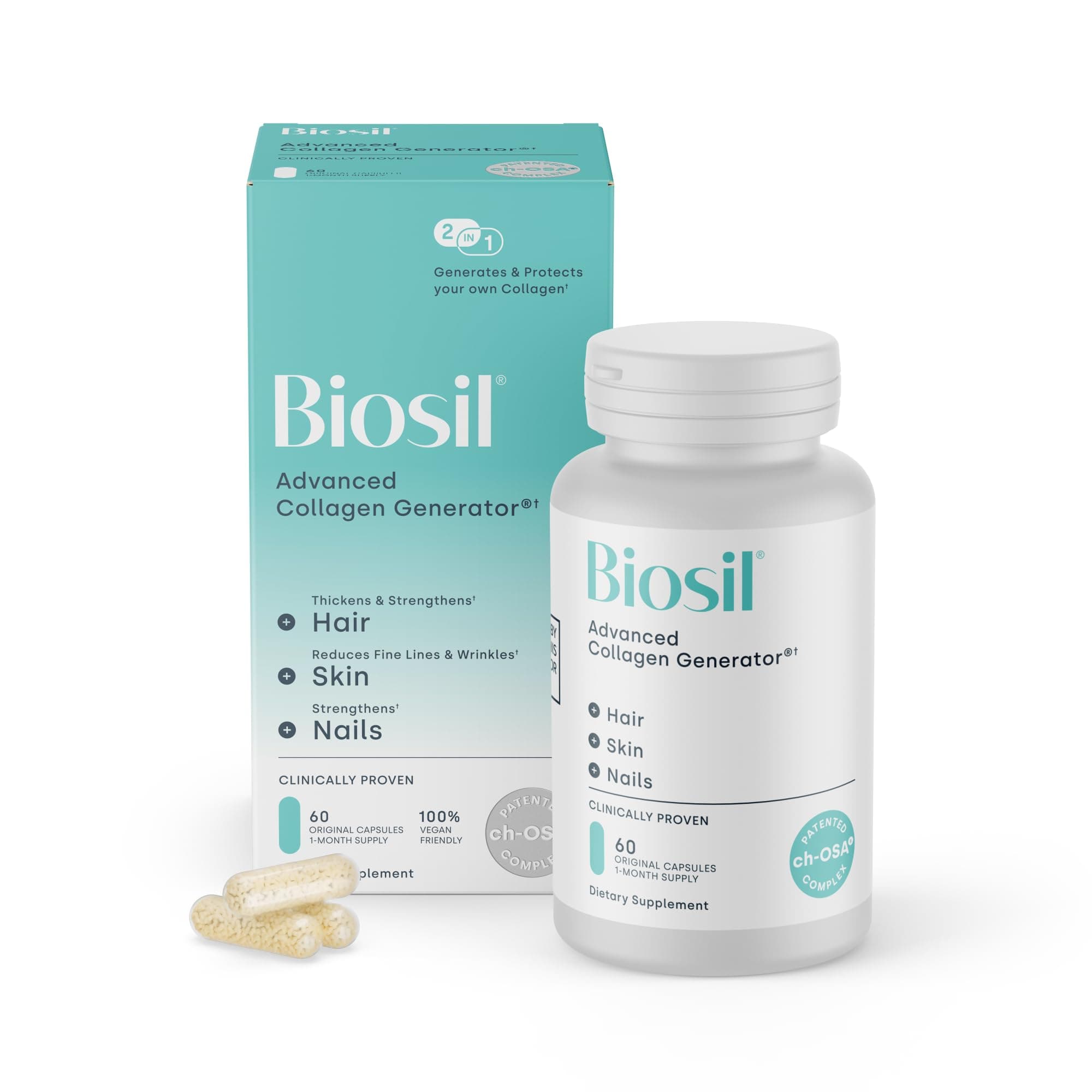 Biosil Collagen Generator - 60 Capsules - with Patented ch-OSA Complex - Generates & Protects Your Own Collagen - GMO Free - 60 Servings